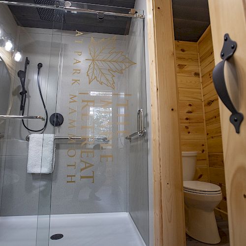 A modern bathroom with a wooden door, a glass shower enclosure, and a toilet in the corner.