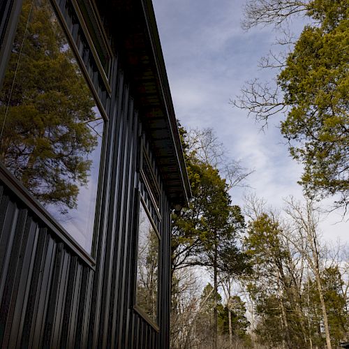 A dark-colored building exterior with reflective windows next to tall trees under a partly cloudy sky.