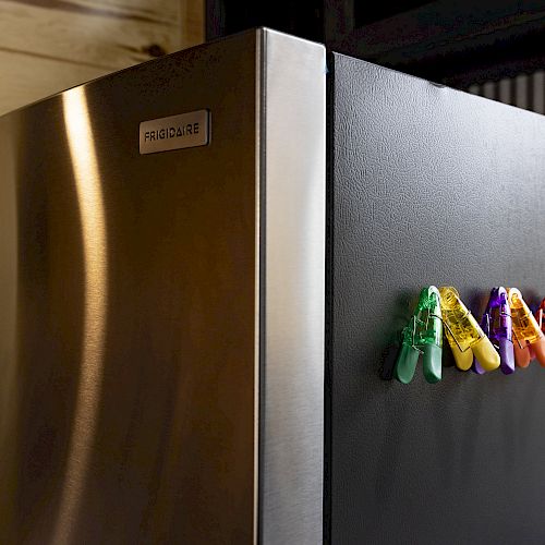 The image shows a refrigerator with colored magnets attached to the side; the refrigerator's door is stainless steel.