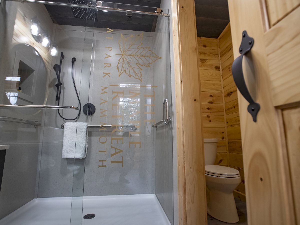 A modern bathroom with a glass shower enclosure, white towel, wooden walls, and a visible toilet next to a wooden door.