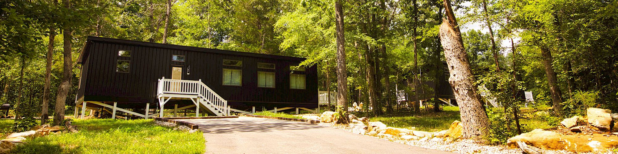A small dark cabin with white steps is surrounded by tall trees on a sunlit day, located at the end of a paved path.