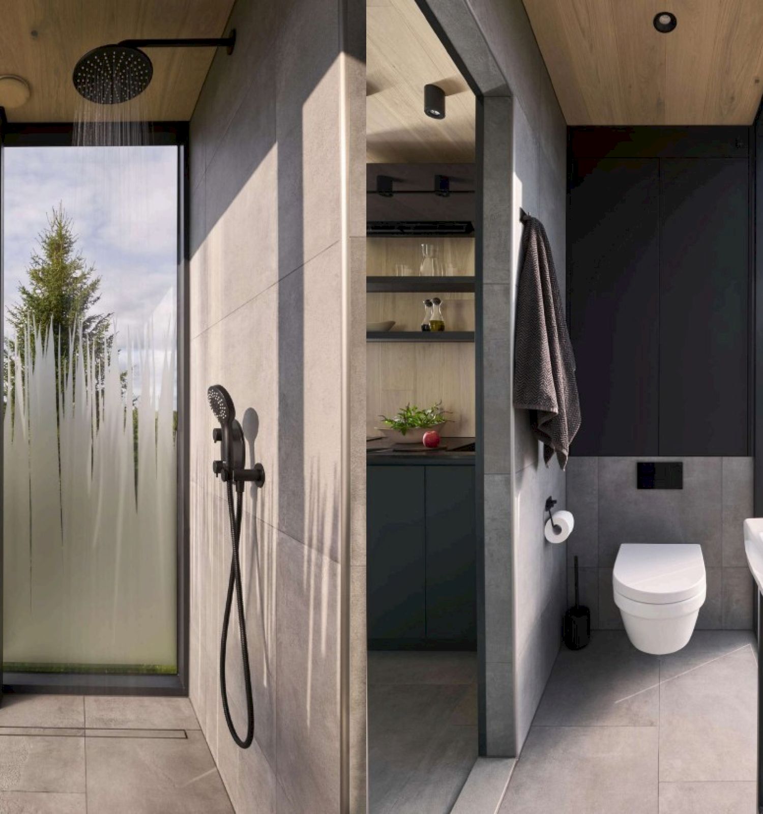 A modern bathroom with a shower, sink, and toilet is designed with glass walls, wood accents, and minimalistic decor, featuring natural light.