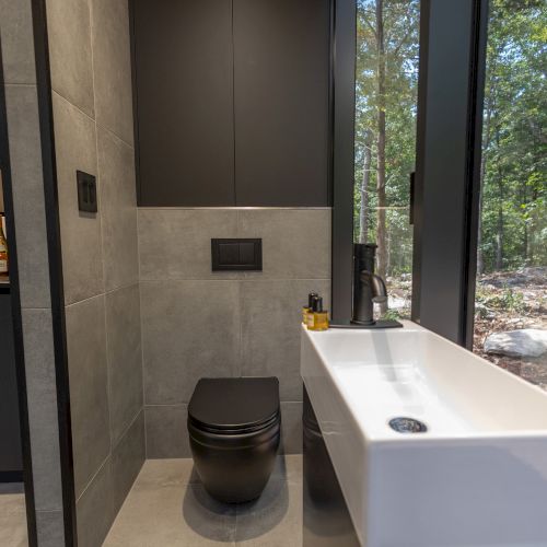 A modern bathroom with a black toilet, white sink, and large window overlooking a forest scene.